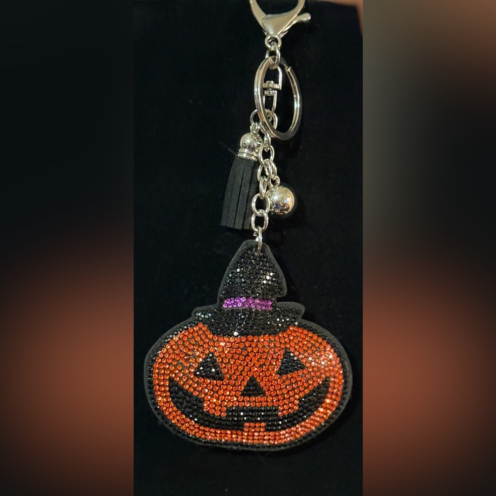 Pumpkin Witch Rhinestone Bag Charm Keyring